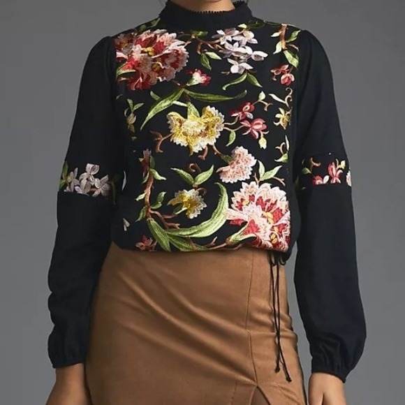 Anthropologie Tops - Anthropologie Tiny Floral Embroidered Knit Blouse Top Boho Balloon Sleeve 2X